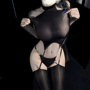 性感6D无缝束带挂脖连体衣透视油亮小情调黑丝内衣吊带丝袜 情丝