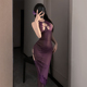 尽显女人味 妖娆透身紫色蕾丝深V吊带连衣裙性感气质显瘦修身 长裙