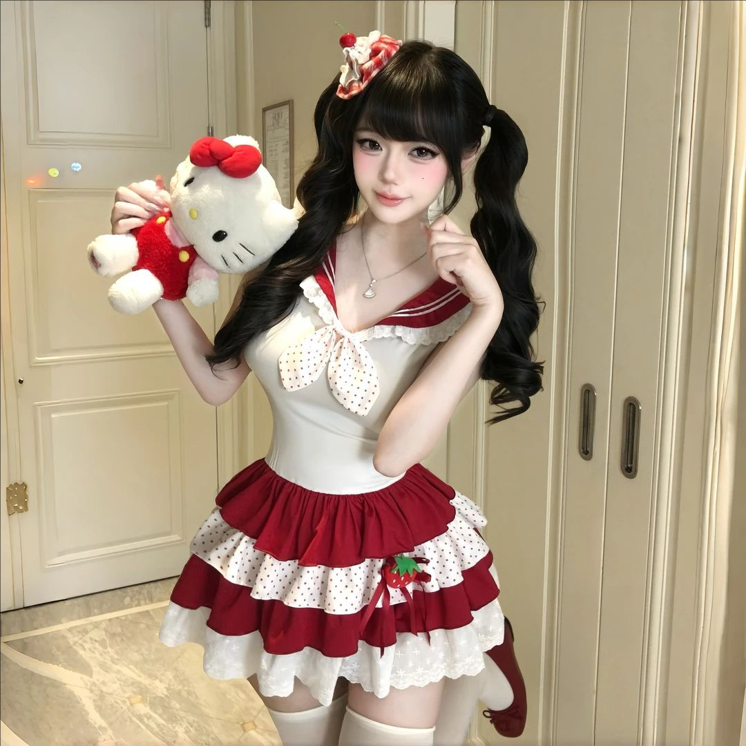 二次元纯欲小胸蕾丝波点蛋糕裙女