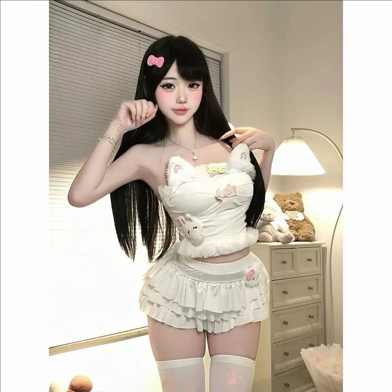 毛绒可爱吊带围裙喵娘套装超短裙