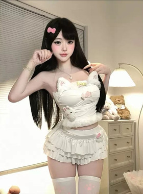 毛绒可爱吊带围裙喵娘套装超短裙