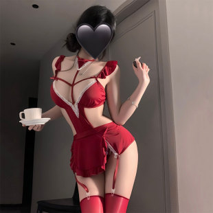 连体兔女郎女 性感红色猫女郎制服纯欲挂脖镂空内衣小围裙趣味套装