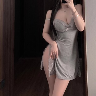 温柔软妹*纯欲吊带蕾丝低胸睡衣性感开叉显身材灰色包臀连衣裙女