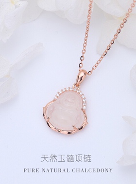 新款玉髓观音佛公项链女925银锁骨链小众百搭笑口常开弥勒佛吊坠