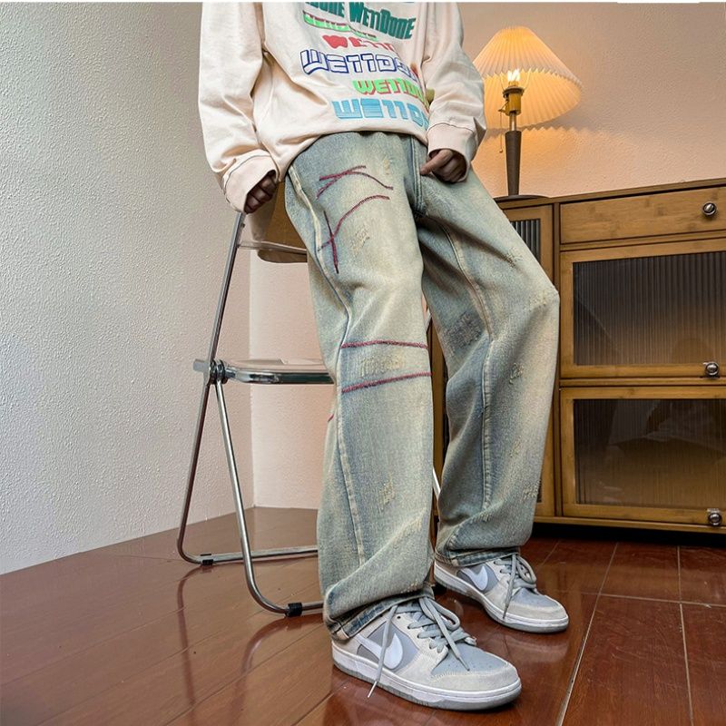 美式高刺绣设计感牛仔裤男宽松直筒阔腿裤青少年休闲长裤潮牌ins