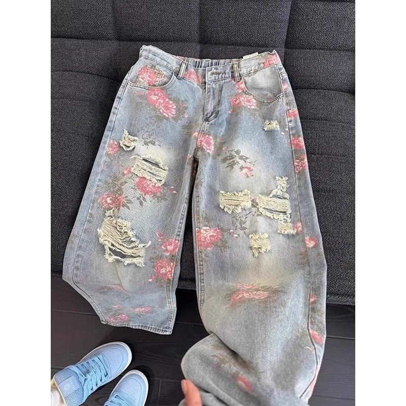 美式高街花卉破洞牛仔裤男款夏季高级感显瘦裤子玫瑰满印直筒长裤