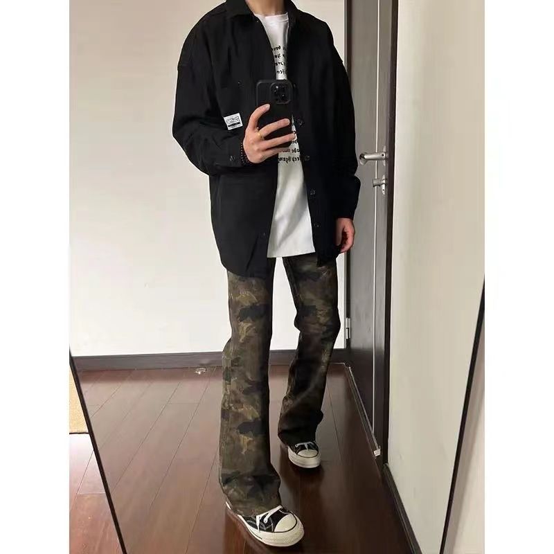 迷彩牛仔裤男款夏季cleanfit高级感直筒微喇品瘦窄版工装伐木长裤