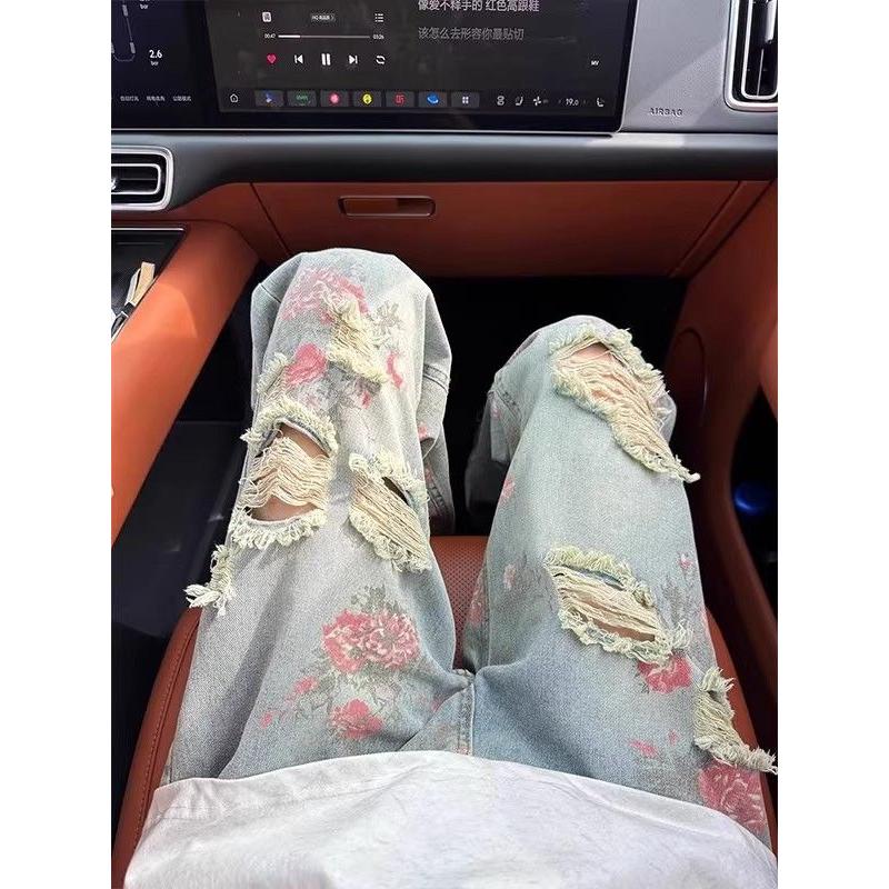 美式高街花卉破洞牛仔裤男款夏季高级感显瘦裤子玫瑰满印直筒长裤
