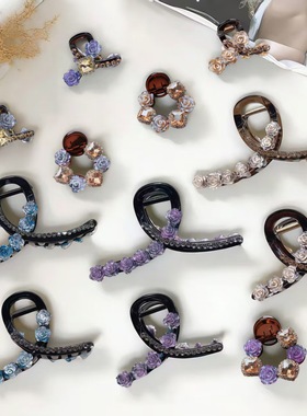 十一公分新款玫瑰花气质闪亮水钻后脑勺盘发加百搭鲨鱼夹头饰