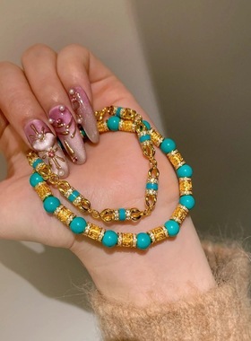 v金材质不掉色绿松石六字箴言手链金刚杵国潮古法拼接个性手饰