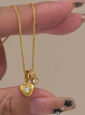 v金材质不掉色中古金色拉丝爱心锁镶钻项链吊坠精致锁骨链