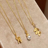 v金材质真金电镀拉丝工艺珍珠葫芦树叶立体小象镶钻吊坠精致颈链