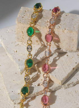 祖母绿老钱风镶钻红刚玉高级感手饰鸽子蛋彩宝Vintage复古手链女