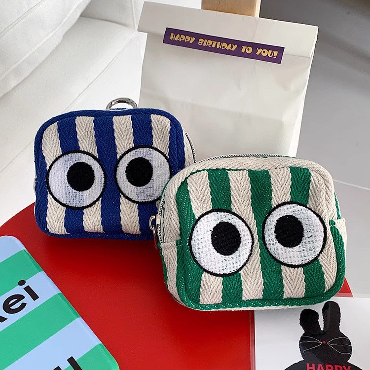 大眼睛条纹口红包卡片收纳包数码包小挂包刺绣小包零钱耳机包拉链