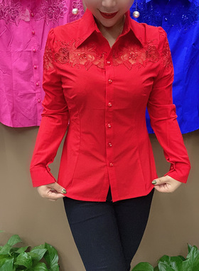 春秋新款时尚翻领衬衫修身洋气薄刺绣中年女装短款上衣打底小衫