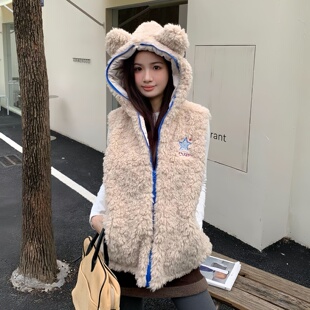 小熊耳朵连帽2026新款羊羔毛短款秋冬叠穿马甲女士棉衣外套坎肩潮
