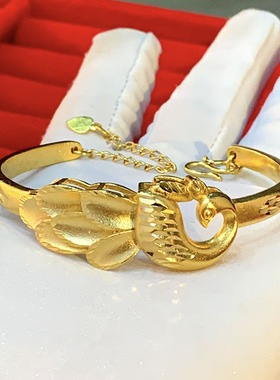 古法沙金手镯女款镀金花朵镯子