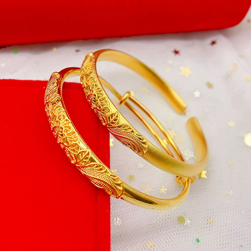 新款孔雀沙金手镯女新娘结婚镀金饰品开口仿24K金牡丹花镯子