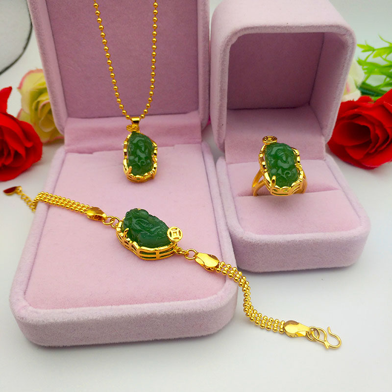 新款仿越南沙金项链女铜镀金镶玉貔貅吊坠黄金色项链手链