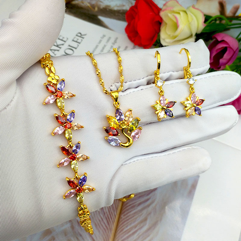 新款越南沙金孔雀项链女吊坠手链七彩花篮项链套装百搭镀黄金饰品