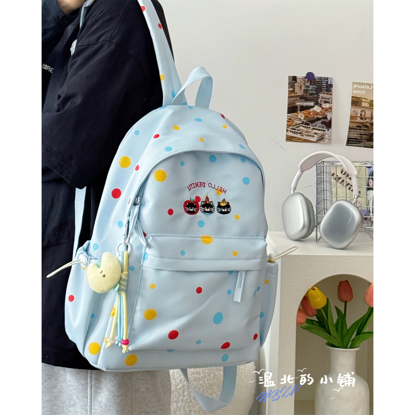 韩版清新可爱波点双肩包女轻便休闲百搭背包校园初中高中学生书包