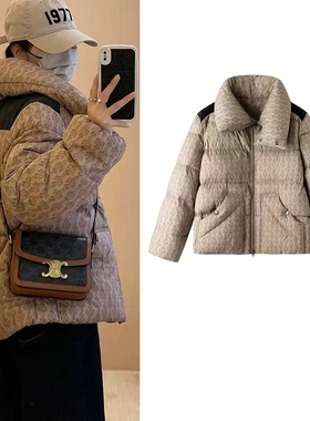 CHAONING清仓2024冬新款百搭复古撞色翻领满印长袖面包羽绒服女