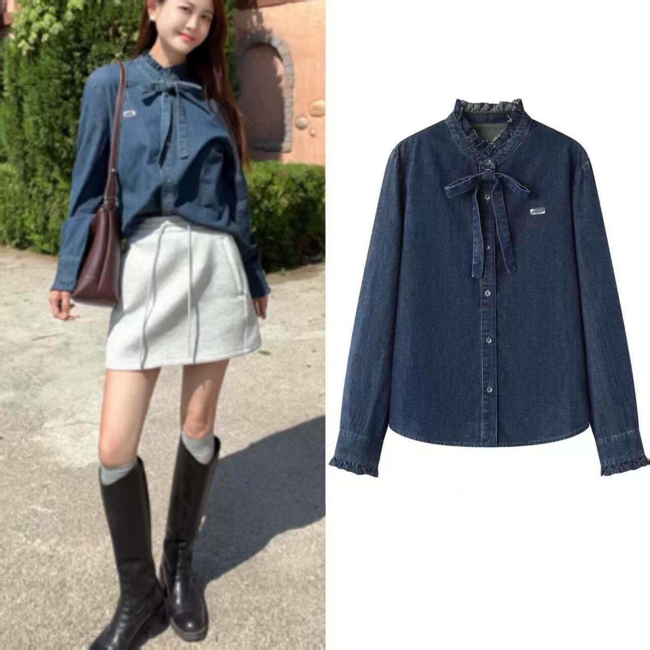CHAONING清仓2025冬季新款蝴蝶结长袖木耳边宽松显瘦牛仔衬衫女