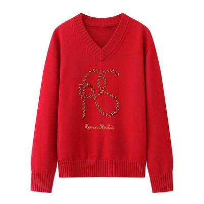 休闲风V领刺绣针织衫女