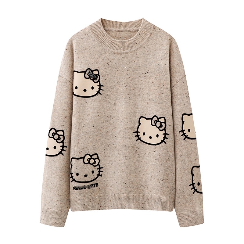 百搭圆领可爱风卡通猫咪针织上衣