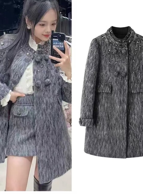 CHAONING清仓2025冬季新款千金风质感重工钉珠中长款毛呢外套女