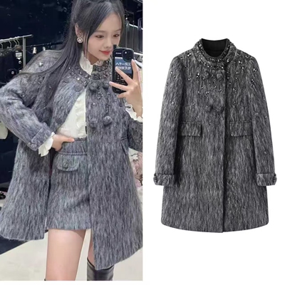 重工钉珠中长款毛呢外套女