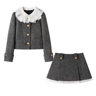 CHAONING2025新款千金风娃娃领百褶领外套女拼接短裙时尚套装