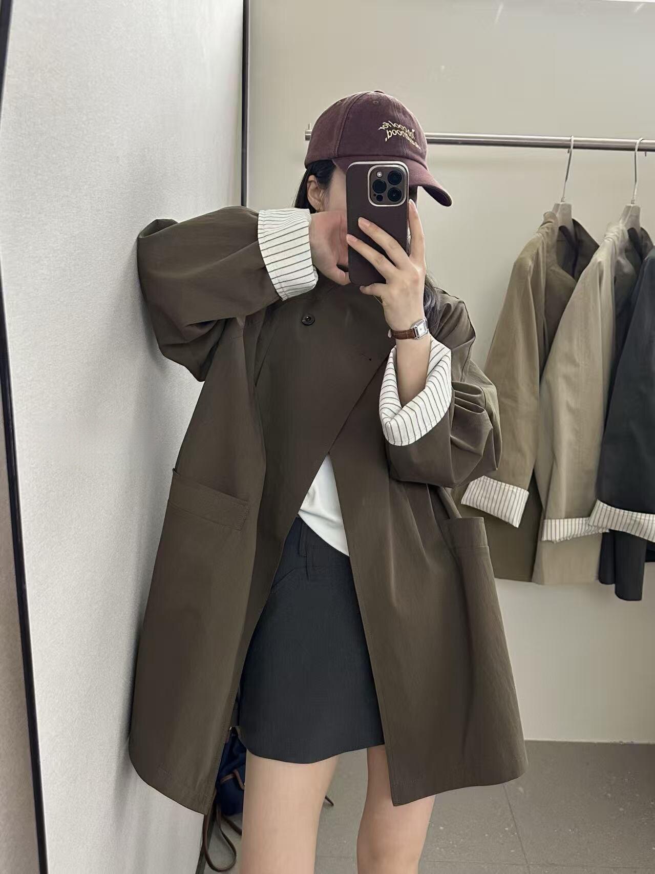 韩系松弛感立领中长款风衣女早秋宽松小个子袖口条纹拼接休闲外套