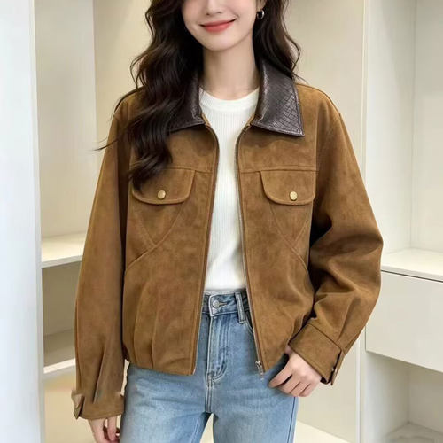 设计感pu领拼接鹿皮绒外套女2026秋季新款时尚街拍显瘦短款上衣女