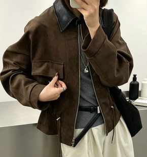 韩版百搭宽松显瘦翻领鹿皮绒长袖外套女2026秋新款小个子休闲上衣