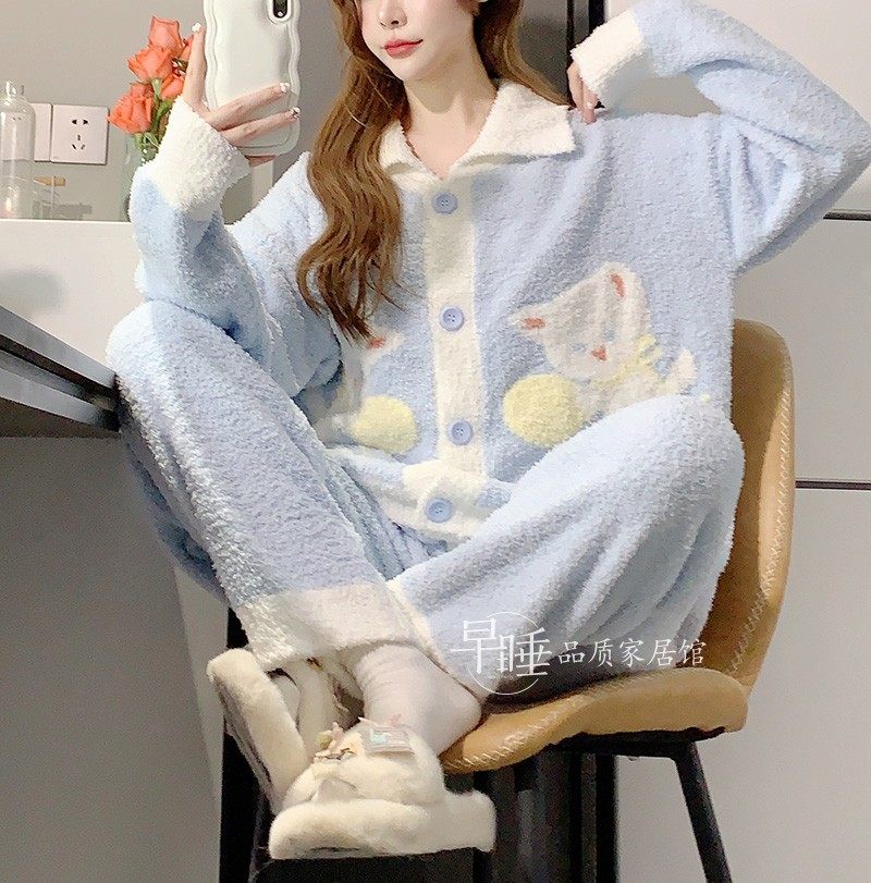 猫咪开衫保暖可外穿半边绒睡衣女