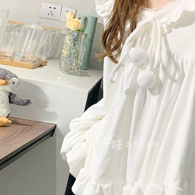 网红球球海岛绒睡衣女秋冬甜美蕾丝花边保暖纯欲双面绒家居服外穿