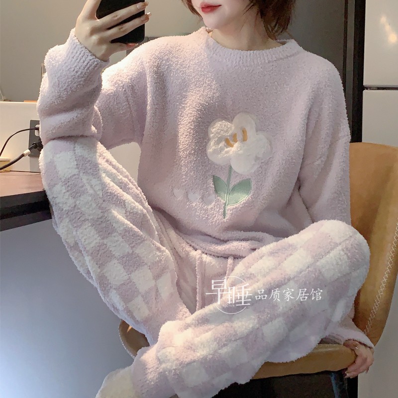 紫色花朵半边绒保暖加厚睡衣女