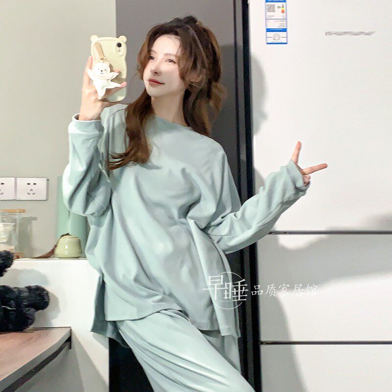 女纯色宽松休闲亲肤绒睡衣可外穿