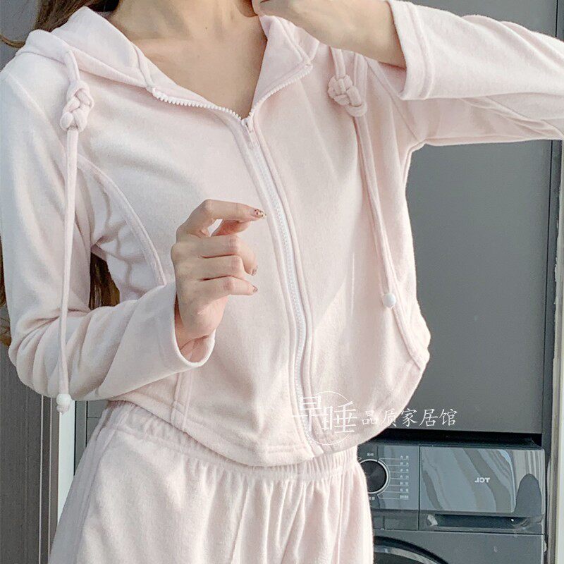 ins睡衣女春秋冬长袖粉色连帽休闲拉链毛巾料运动卫衣家居服外穿