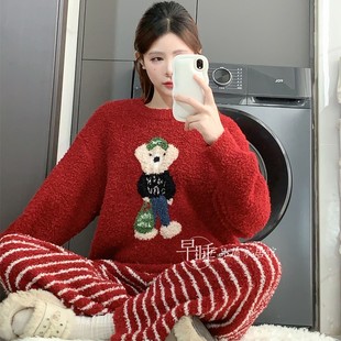 日系新年红色半边绒睡衣女秋冬加厚毛巾绒圣诞小熊珊瑚绒家居服