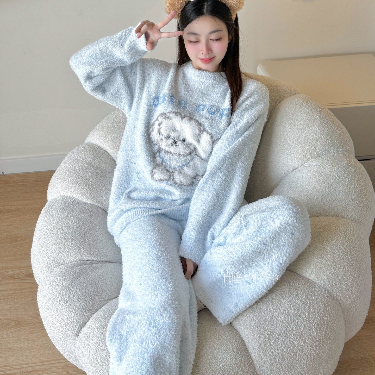 半边绒睡衣女秋冬季甜美可爱小狗