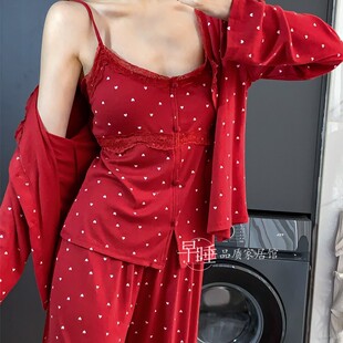 纯欲睡衣女新年本命年红色三件套莫代尔长袖吊带胸垫家居服外穿