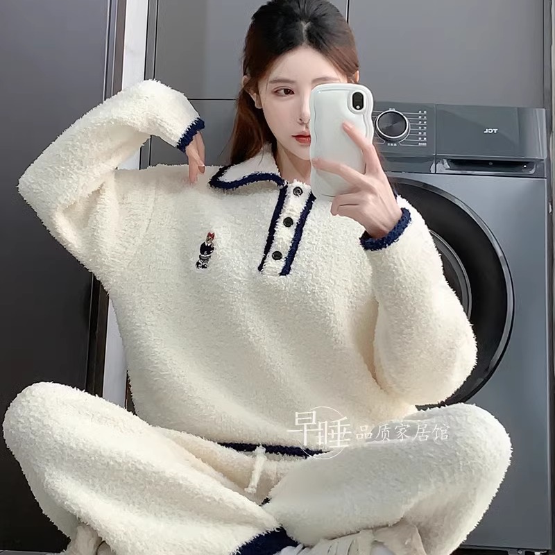 女半边绒睡衣保暖针织polo小熊