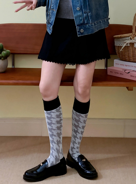 灰色千鸟格小腿袜女春秋简约网红袜子纯棉及膝长袜子日系显瘦百搭