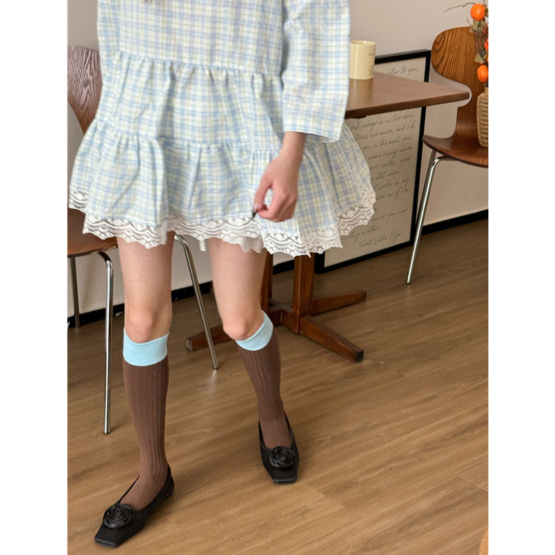 韩系撞色小腿袜子女春秋季学院风假两件ins潮百搭及膝长筒堆堆袜