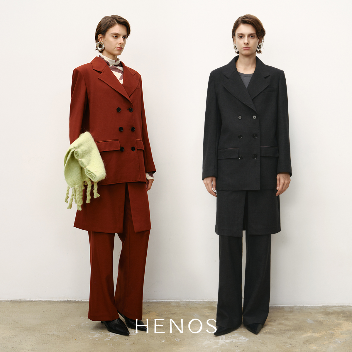 HENOS 25冬新款设计师女装羊毛宽肩西装短外套假两件开叉裙裤套装