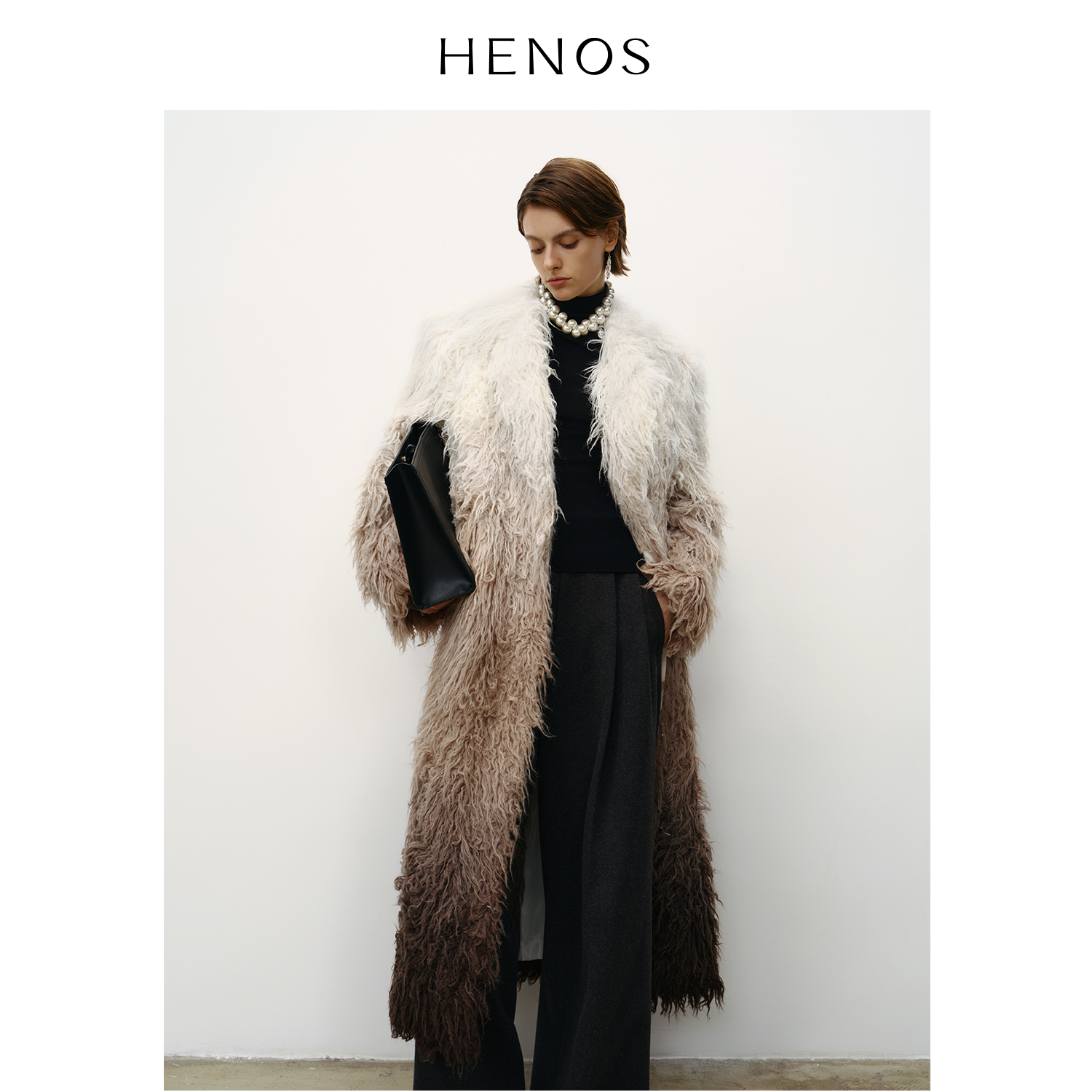 HENOS25冬季新款女装女士气质宽松易打理渐变毛绒廓形大衣外套