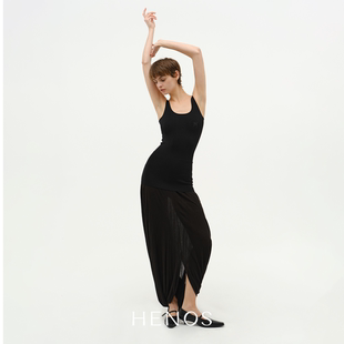 HENOS26夏季新款简约风弹性针织拼接修身吊带茧型雕塑感连衣裙