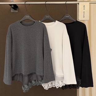 高端欧货冬季新款圆领下摆蕾丝钩花网纱拼接不规则磨毛打底T恤女